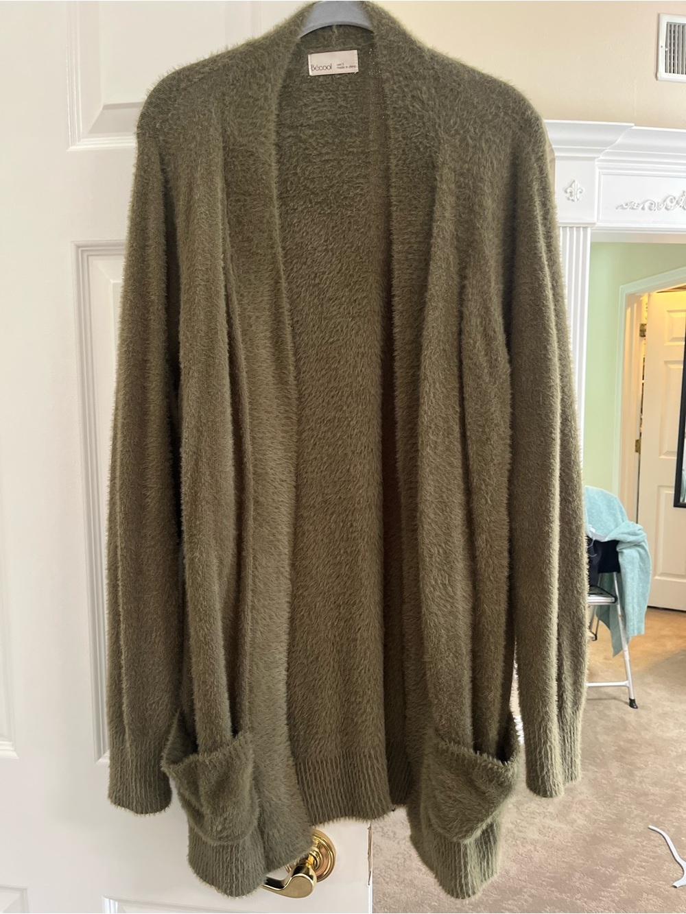 Bécool Olive Green Fuzzy Open Cardigan